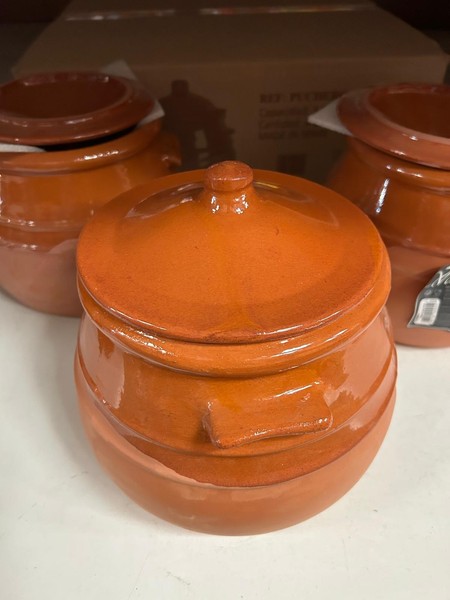 Olla de frijoles de terracota vintage con tapa de arcilla esmaltada Puchero olla de cocción lenta arte rústico