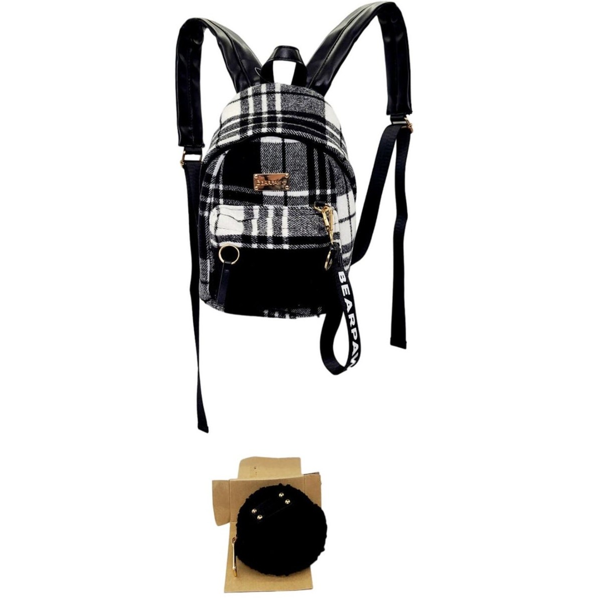 Bearpaw Black Backpack with Keychain BEARPAW Black White Plaid Mini Backpack Set | Mercari main image 3