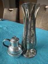 Vintage Set Silberbeschichtete Tulpen-Vase Glaseinsatz kleiner Metallkrug selten