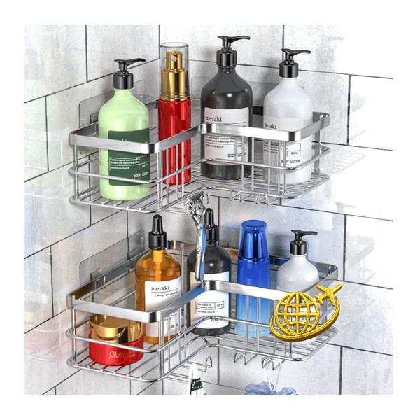 Duschablage Ohne Bohren 2 StüCk Shampoo Halterung 8 Haken Rostfrei Sil-image