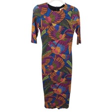 FARM Rio Tropical Bird Print Midi Dress XS Bodycon Colorful Boho Stretchy Lined