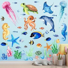 Ocean Sea Animals Wall Decals Stickers, 4Sheets 52Pcs Under The Sea Wall Stic...