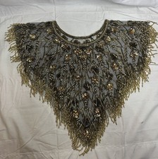 Gold Beaded Mesh Capelet Fringe Shawl Art Deco Inspired Sequin Evening Collar
