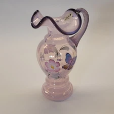 Fenton Favorites Pink Chiffon Opalescent Rib Optic Pitcher Hand Paint Butterfly