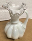 Vintage 1950 Fenton White Glass Silvercrest Melon Handled 6 in Pitcher Vase