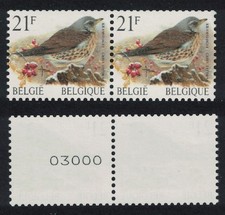 Belgium Fieldfare Bird Buzin  Grive Litorne  21f Roll Pair Control Number