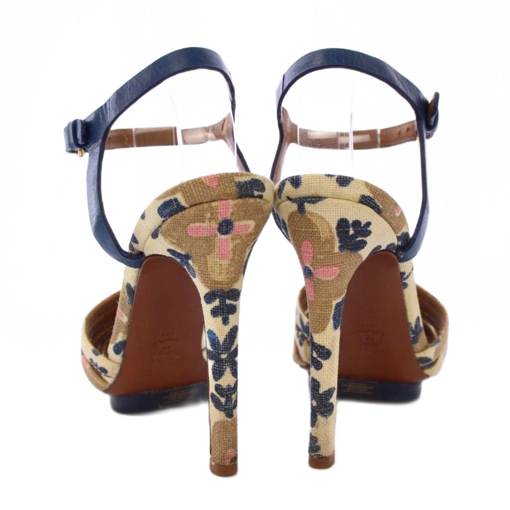 Tory Burch Navy Ivory Canvas Leather Sandals 8M High Heel Strap Used thumbnail 3