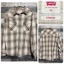 Levi s Standard Fit Western Plaid Pearl Snap Button Up Shirt Men s XL Brown Tan