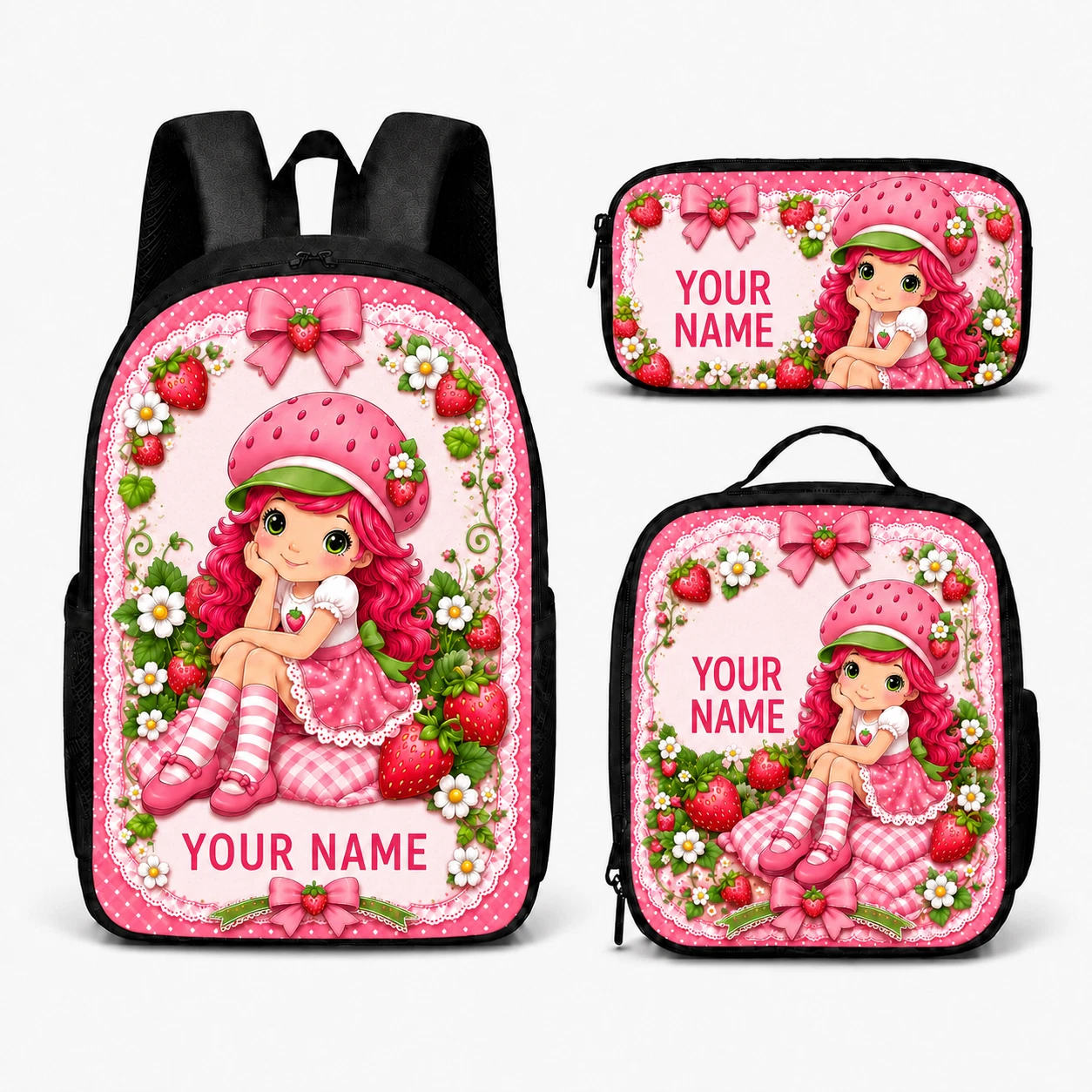 Personalized Strawberry Garden Backpack Set – Custom Name Backpack, Lunch Bag &