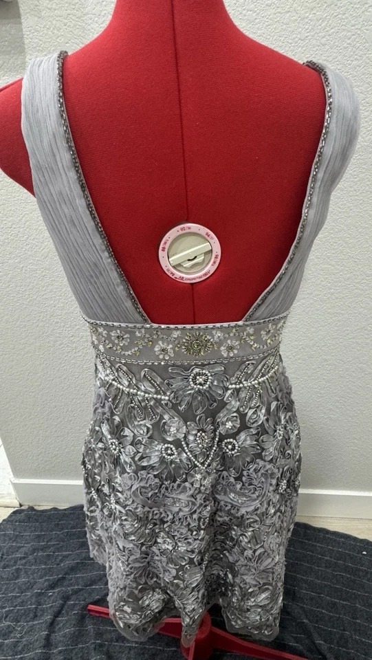 Sue Wong 夜曲串珠连衣裙 4 银花卉刺绣派对鸡尾酒 — 第 2/4 张图片