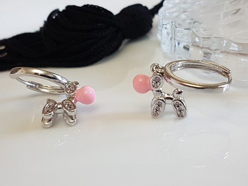925 Silver Pink Enamel Baloon Dog Hoop Earrings with Sparkling CZ Zirconia •A282 - Picture 7 of 14