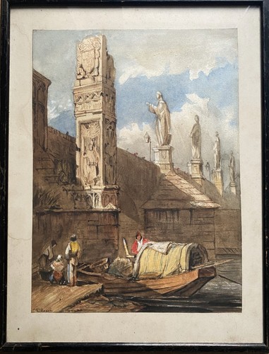 Después de Samuel Prout OWS (1783-1852) La plaza de la ciudad, acuarela original de Praga - Imagen 14 de 14