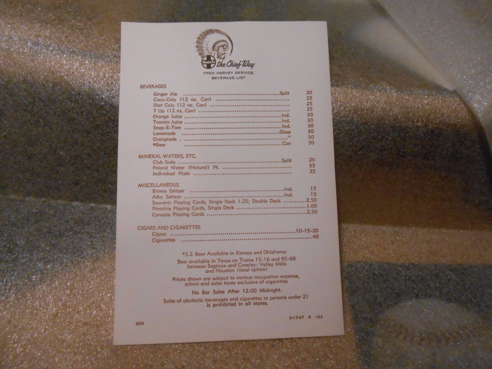 Vintage 1967 Santa Fe Railroad Fred Harvey The Chief Way Beverage Menu