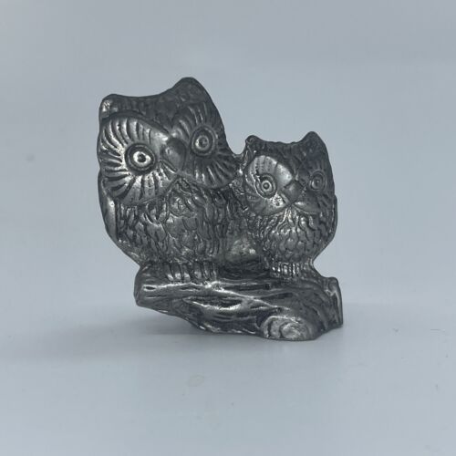 Vintage PEWTER 1.2" Miniature Metal Figurine OWL & OWLET on BRANCH Ornament - Picture 1 of 5