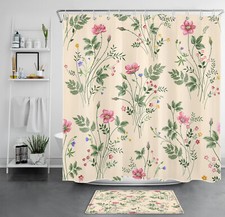Retro Green Leaf Pink Wildflower Beige Shower Curtain Bathroom Accessories Set