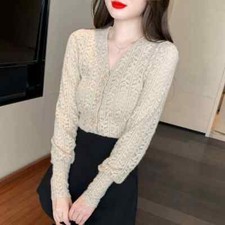 Camicia Maglia Blusa Donna Camicetta Maniche Lunghe Beige Pizzo Elegante 38455