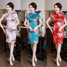 Chinese Summer Ice Silk Qipao Dress Women Short Cheongsam Evening Party Gowns