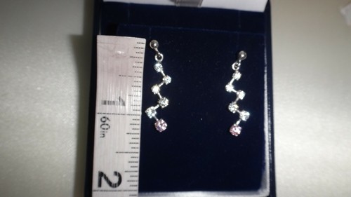 Pretty 9ct White Gold Ladies Drop Earrings With Clear & Pink Topaz New - Picture 7 of 10