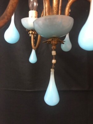 Petit Lustre Italien Vintage Années 50 - Laiton Doré, Opaline Bleue Et Pampilles