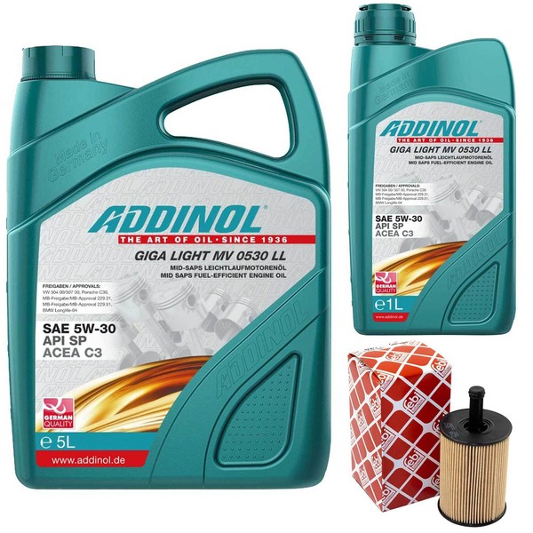 MotoröL Set Addinol 5W-30 MV 0530 LL 6 Liter + ÖLfilter FüR Audi Seat Skoda VW-image