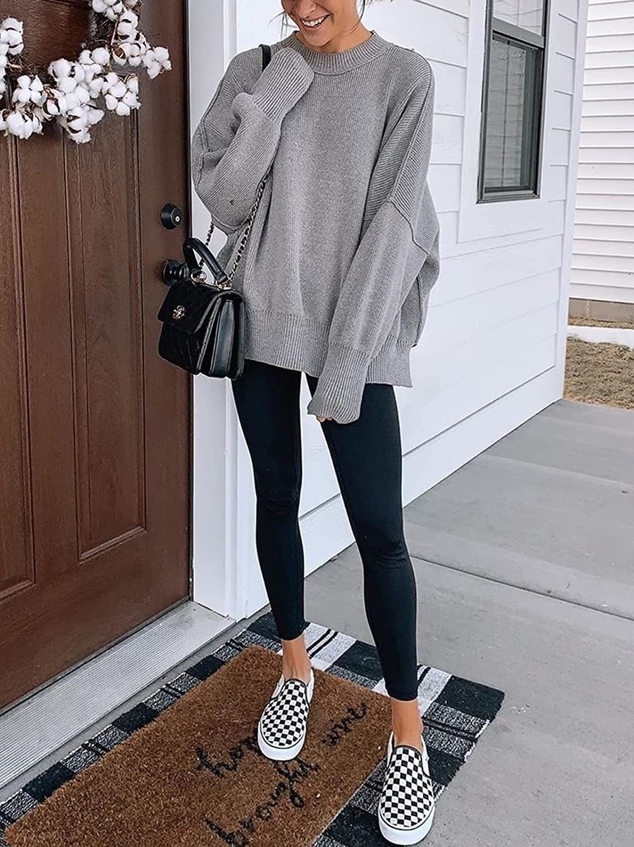 LOGENE Womenu0026#039;s Oversized Batwing Long Sleeve Crewneck Side Slit Ribbed  Knit Pull | eBay