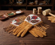 Handmade Suede Leather Suede Gloves Western Fringed Beaded Cultural Gauntlet
