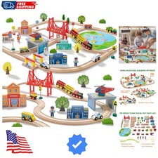 110PCS Wooden Train Set   Toy Train with Tracks for Kids Ages 3-7, Compatible...