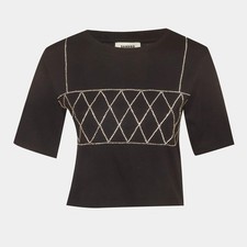 Sandro Black Jersey Rhinestone Cropped TShirt...