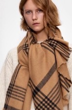 Zara Brown camel soft Check plaid Large Scarf throw poncho cape Bnwt 