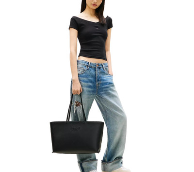 Tommy Jeans AW0AW18455 Damen Tote Bag Shopper Kunstleder Logo Zip 44x25x13 Schwarz