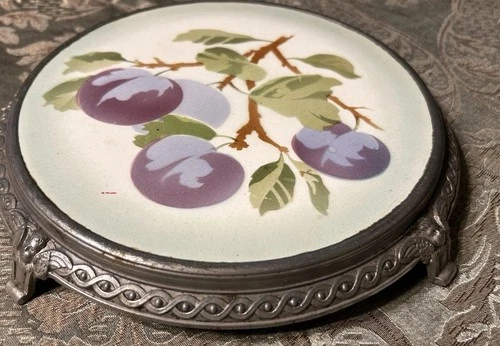 antique Tea Pot Holder Art Nouveau porcelain and metal footed trivet/ Hot Plate video thumbnail
