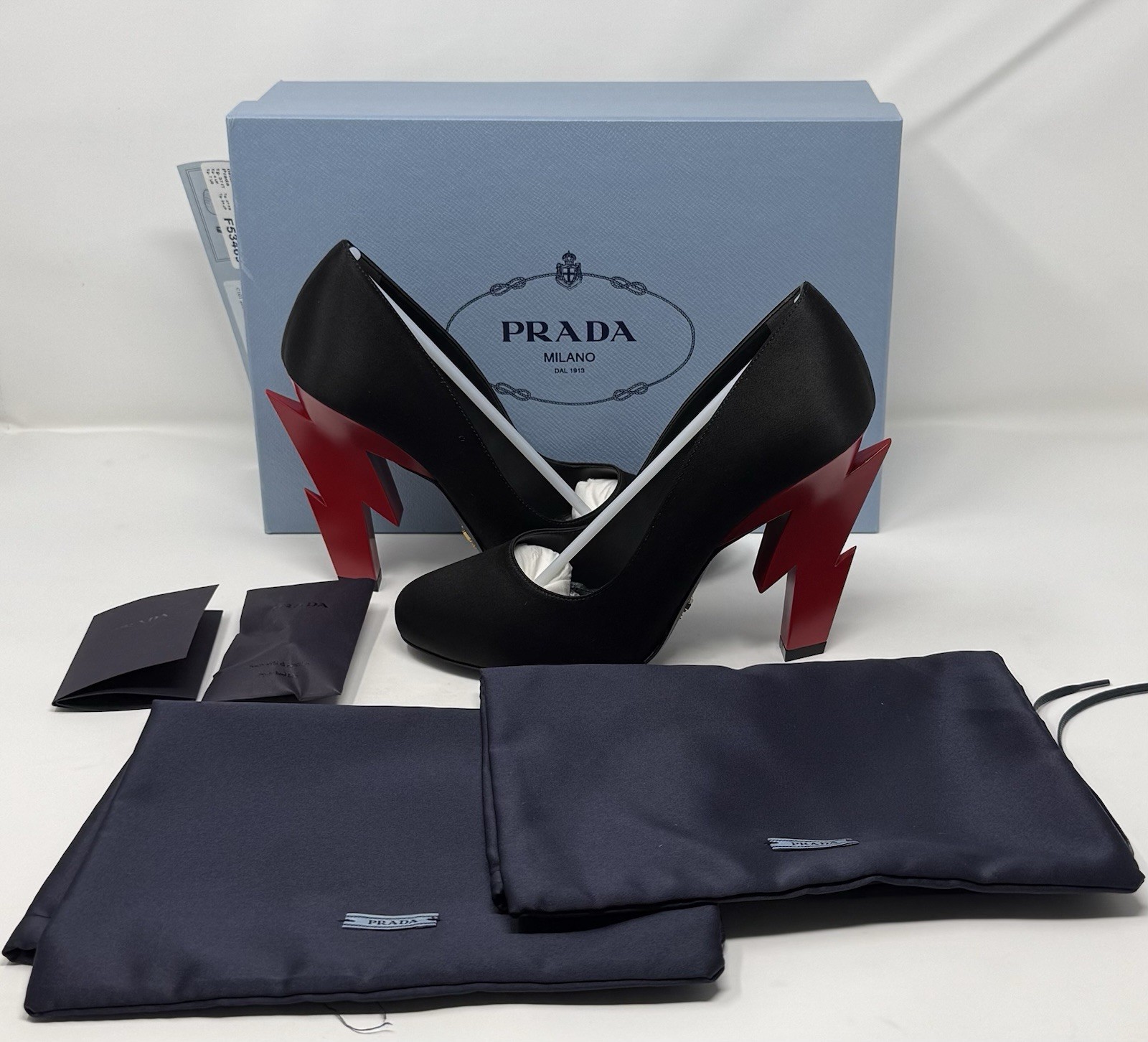 Prada Lighting Bolt Black Satin Pumps W Red Lighting-bolt Heel Size Eu 37 thumbnail 3
