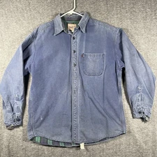 Woolrich Shirt Jacket Mens Large Blue Denim Plaid Lined 100% Cotton Made USA VTG