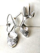 PAPELL Women's Size 5.5, 6 SILVER ALL Leather & Embroidery Sandal Pump Heel Shoe