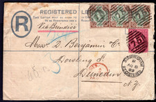 1889 GB Great Britain QV Uprated REGISTERED LETTER BIRMINGHAM 75 to DUNEDIN NZ
