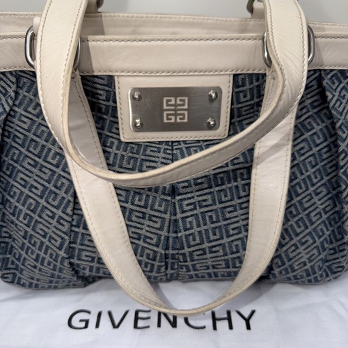Givenchy Bag Monogram Denim Satchel Tote Handbag Blue And Ivory Leather Silver 