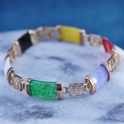 7.5 , yellow tone tennis bracelet with jade, carnelian, obsidian bar happiness