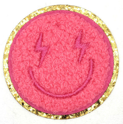 Smiley Face Patch PINK Chenille Emoji Iron On LIGHTNING BOLT EYES GOLD GLITTER