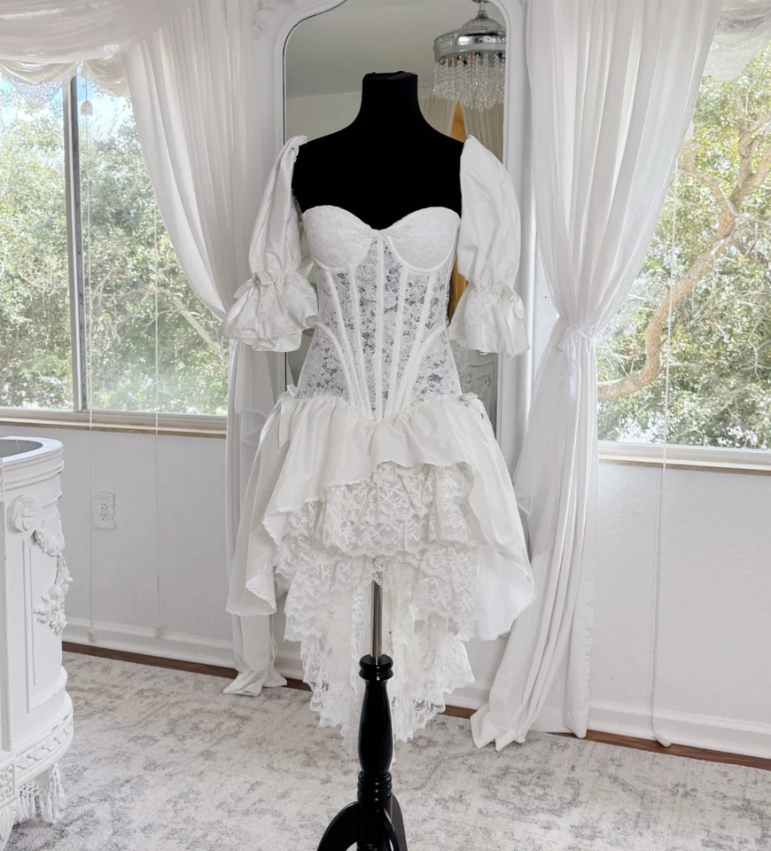 Mini vestido de boda victoriano vintage bohemio corsé de encaje Foto 2 de 4