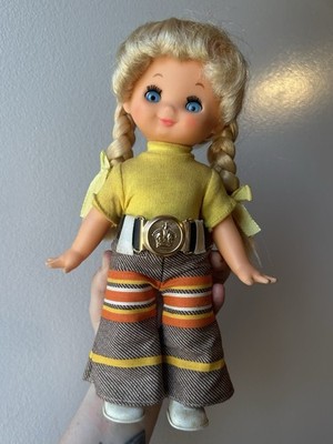 Vintage Playmates 1970s Rubber Western Girl Doll Blonde Braids Blue Eyes 10in