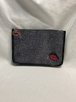 SHISEIDO MAKEUP COSMETIC EVENING BAG BLACK GLITTER WITH CHARMS & LIPS PIN