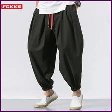 FGKKS New Oversize Men Loose Harem Pants Autumn Chinese Linen Overweight