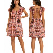 Farm Rio Pink Floral Print Mini Cover Up Dress Open Back Ruffle Sleeve Resort M
