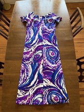 Vintage 1960s Ja-Na Psychedelic Hawaiian Purple White Blue Barkcloth Maxi Dress