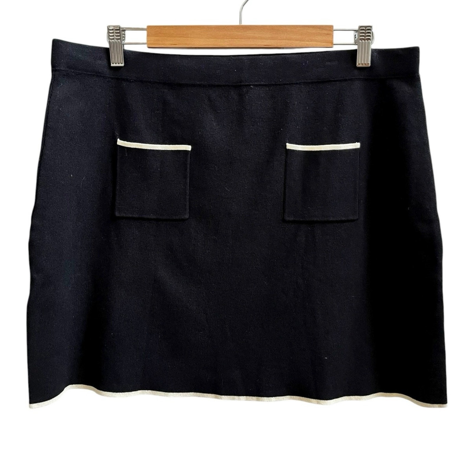 Mango New Black Knit Pocket Contrast Trim Mini Skirt XXL Modern 17 Inch Length thumbnail 3