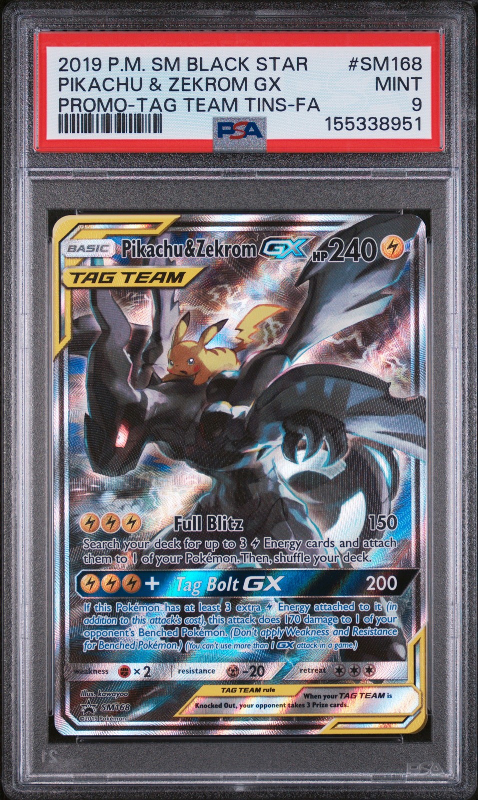 2019 POKEMON SM BLACK STAR PROMO #SM168 FULL ART/PIKACHU & ZEKROM GX PSA 9