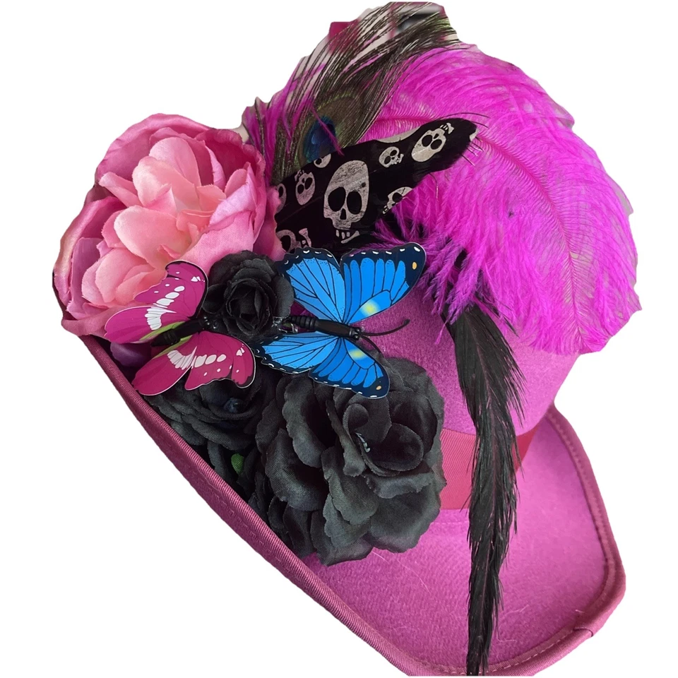 Hat Top Hat Style Tilted Custom Hot Pink Flowers Feathers Trendy Halloween Fun - Image 4 of 4