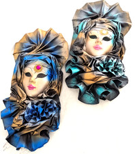 Vintage Venetian Italy Papier Mache' Ornamental Hanging Wall Masks x 2 Blue
