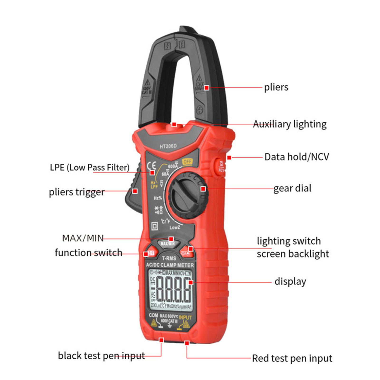 HT206B Digital Clamp Meter Voltmeter Amp Ohmmeter Tester AC/DC LCD MultimeterCl