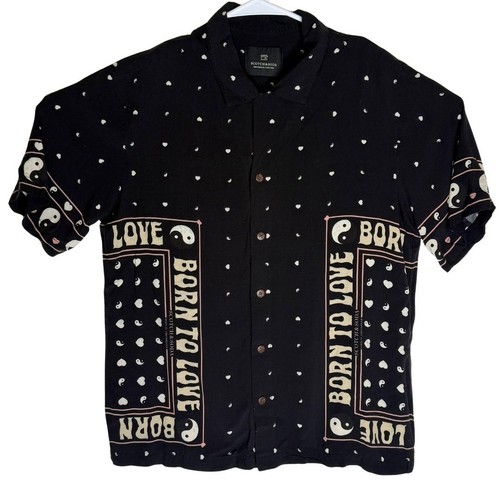 Scotch Soda Mens Black Born to Love Yin Yang Short Sleeve Button Up Shirt Size S